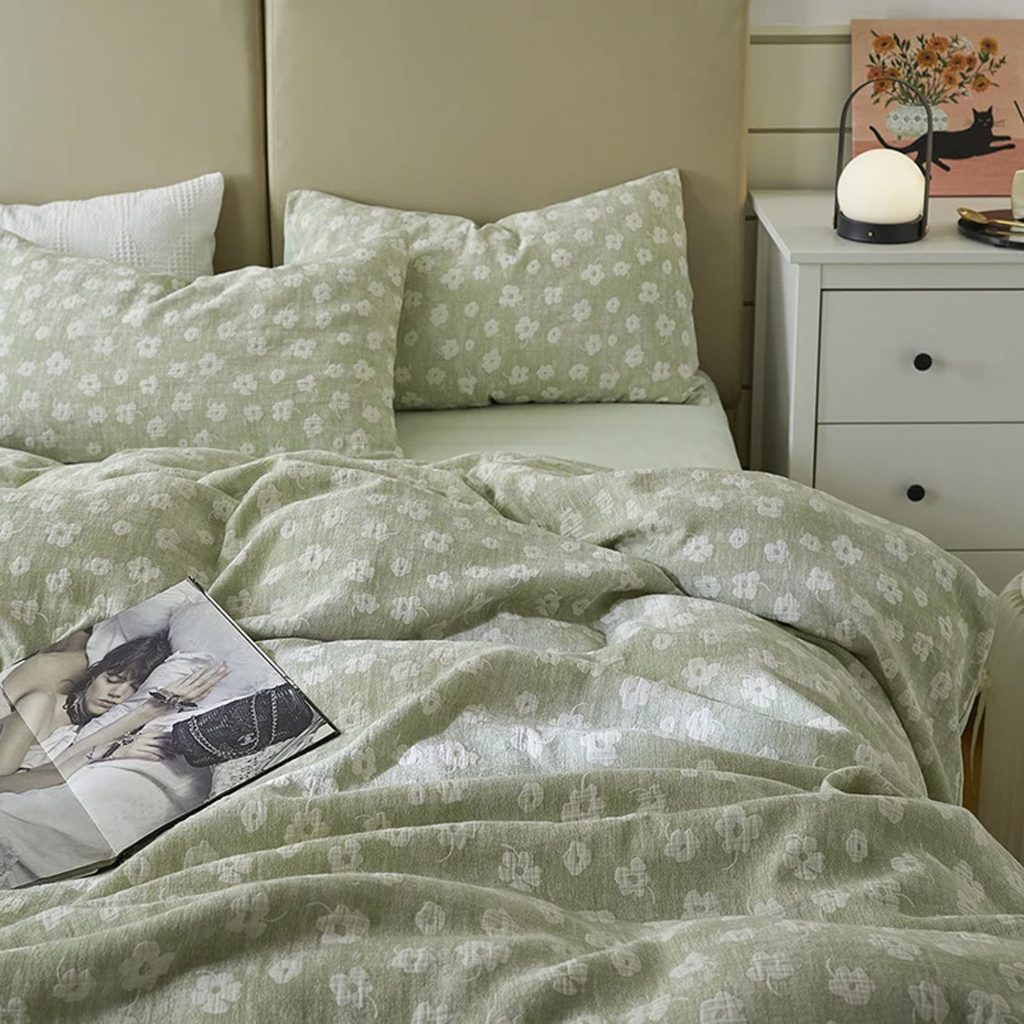 Ensemble de Literie en Coton Lavé à Motif Floral Champêtre,240*220,4 Couleurs