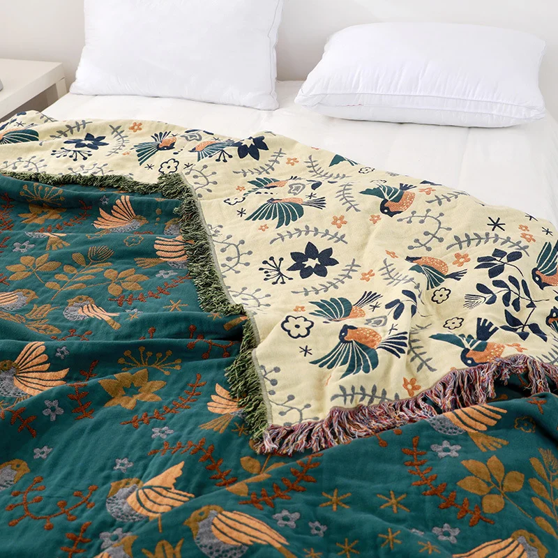 Plaid de Canapé Grande Taille, Double Face en Coton Jacquard, Motif Floral et Aviaire
