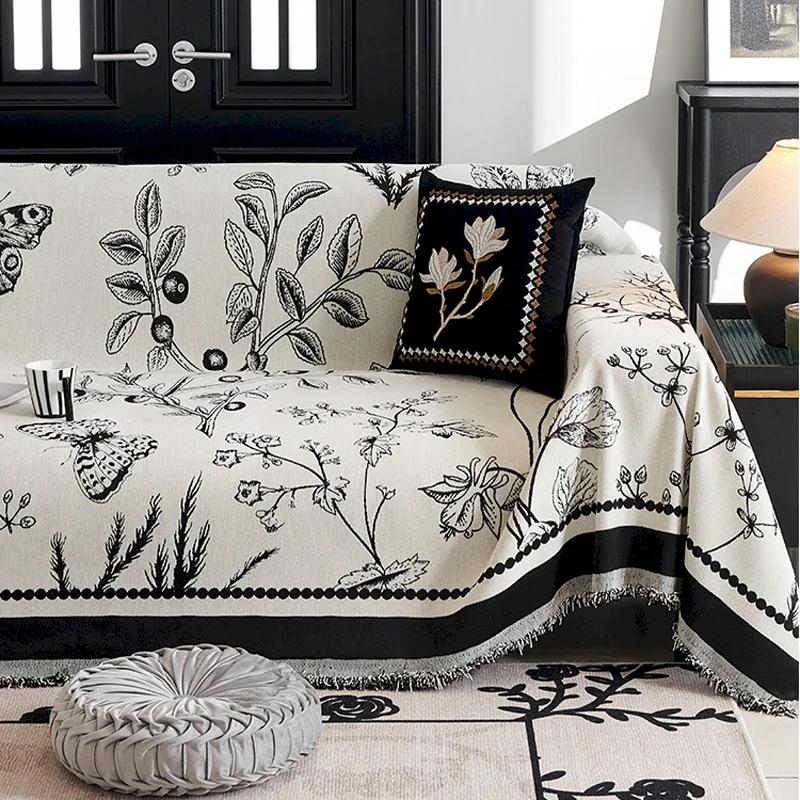 Plaid de Canapé Grande Taille en Chenille Jacquard, Motif Floral et Papillons
