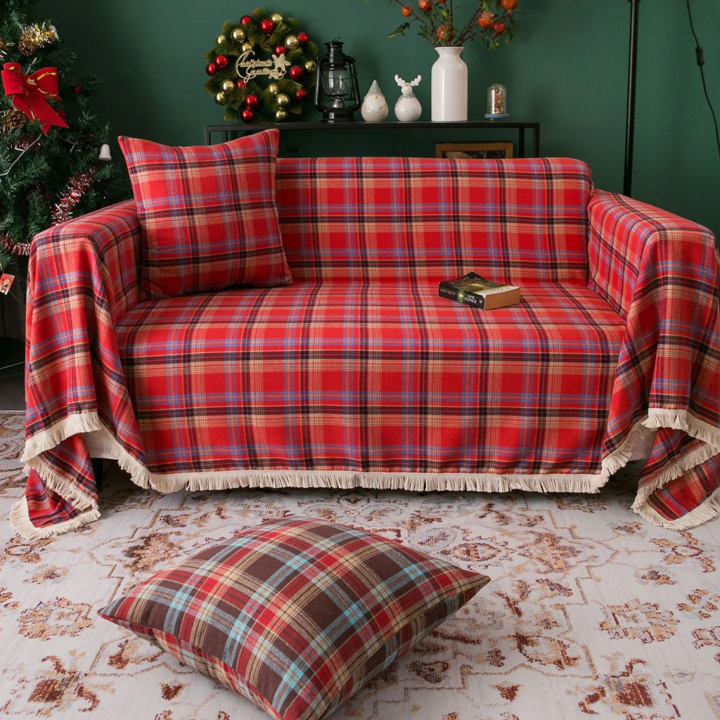 Plaid de Canapé Grande Taille à Motif Tartan de Noël, Jeté de Canapé
